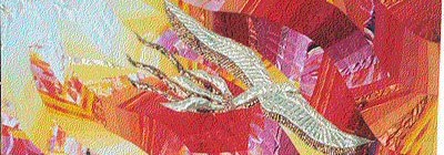 A segment of a pentecost-themed quilt showing a dove, representing the Holy Spirit, against a background of red and yellow flames.
