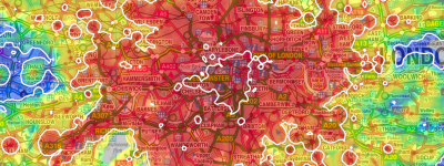 A segment of a colour-coded map of London indicating journey times from the centre of London to all other points in the city.